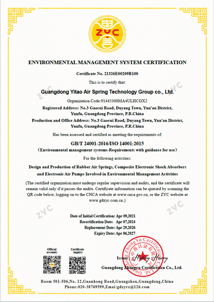 Chiny Yitao Air Spring Group Certyfikaty